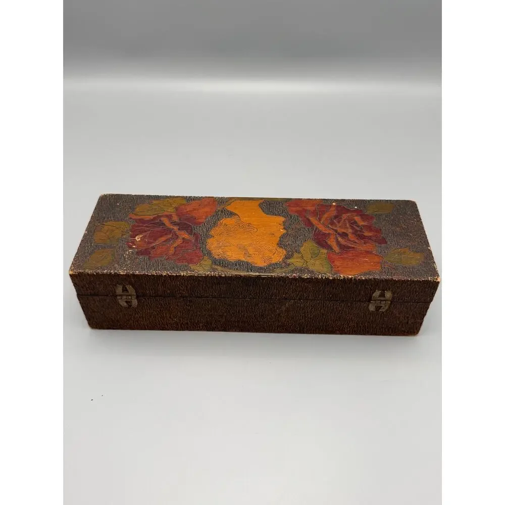 Vintage Pyrography Wood Box Art Nouveau Lady Portrait Floral Glove/Trinket Box